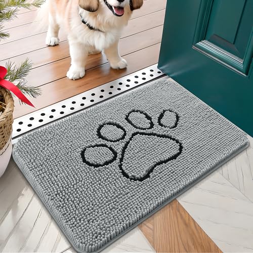 Image of OLANLY Solid Color Chenille Dog Door Mat and Paw Print Dog Doormat, Solid Color Mat Size 24x16 in Grey，Paw Print mat Size 24x16 in Grey, 2 Item Bundle