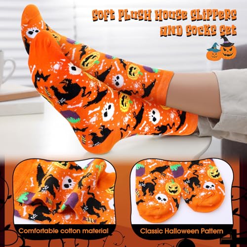 Geyoga Halloween Slippers and Socks for Womens Mens Plush Warm Non-slip Slippers Pumpkin Skeleton Ghost Socks(7-8,Pumpkin)4