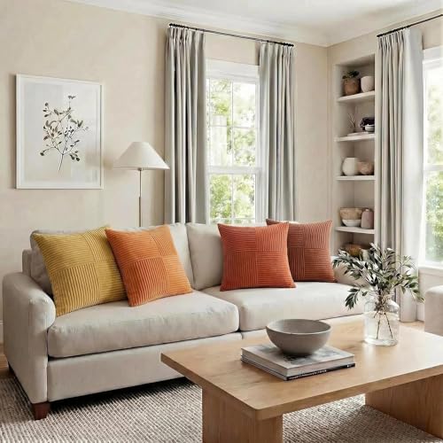 Image of Fancy Homi Set of 4 Boho Fall Decorative Throw Pillow Covers 20x20 Inch for Couch Bed Sofa Bedroom, Modern Farmhouse Home Decor, Soft Cross Striped Corduroy Patchwork Colorful Cushion Case 50x50cm