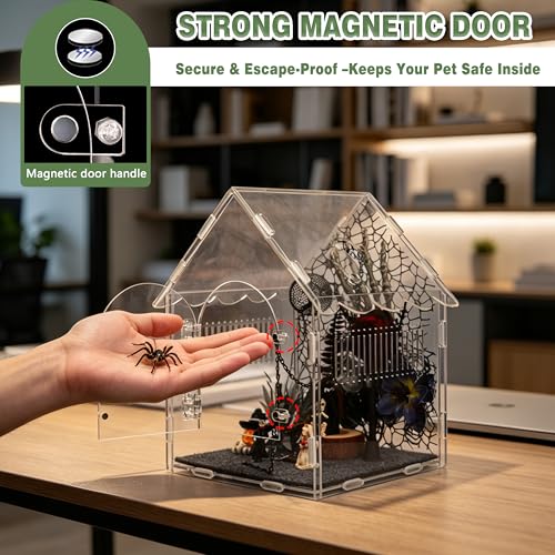 Image of Acrylic Jumping Spider Enclosure with Gothic Decor Kit | magnetic lock, feeding port, climbing wall, hide, plants, and gothic figurines