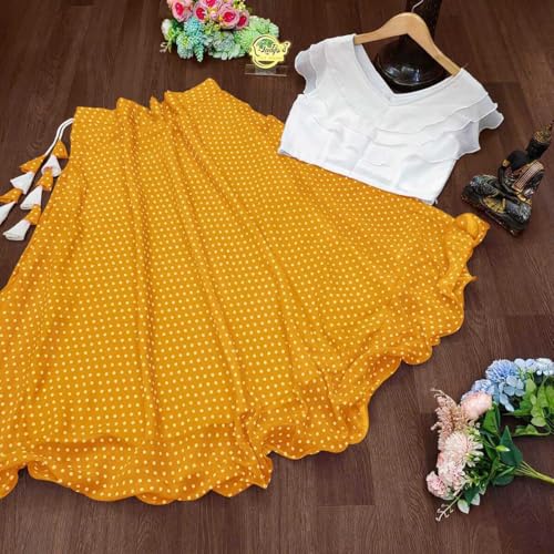 Image of Classic Flared Long Floor Length Georgette Skirt for Women /Girls and Lycra Crop-Top Set || Polka Dot Skirt || Elegent Design || Drawstring Band