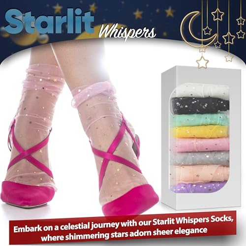 Sheer Slouch Tulle Socks Set for Women | 8 Pairs of Shiny Glitter Decorated Loose Socks with Stars & Moon - Ankle High, Breathable, Comfortable, and Trendy in Assorted Colors (US sizes 5-8)2