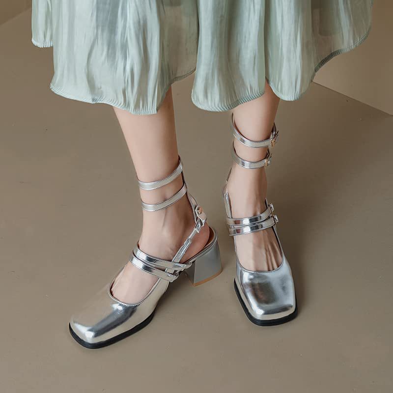 SEIFIN Mary Jane Shoes Women Chunky Block Heel Closed Square Toe Slingback Chunky Block Heel Pumps with Adjustable Buckle Mary Janes for Wedding Party Office Evening3