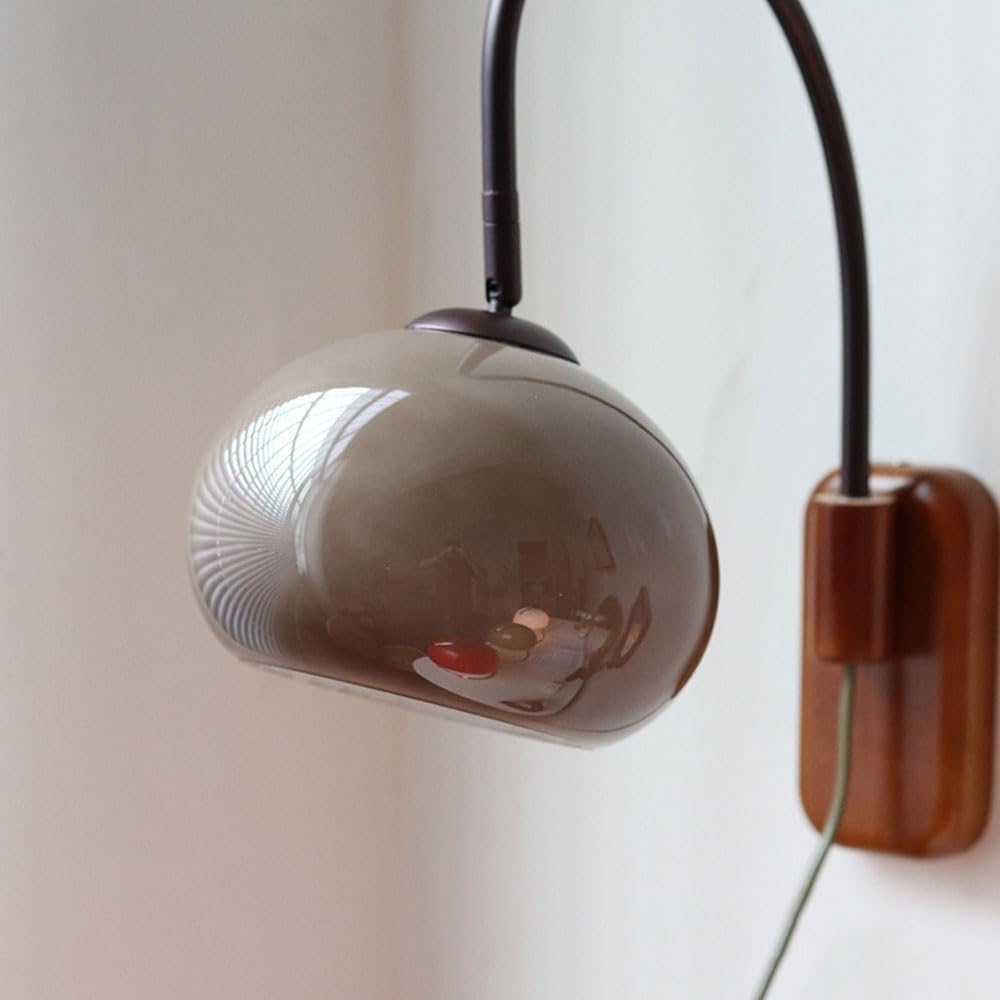 ITOSUI Nordic Modern Wall Sconce, Retro Glass Shade Wood Wall Lamp, Bauhaus Glass Globe Gooseneck Arm Solid Walnut Base Wall Light, for Bedroom Bedside Living Room(Gray-Plug Switch)