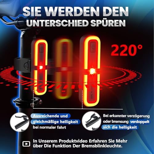 FORTRY Fahrradlicht Set Mit Bremsblinkfunktion, StVZO Zugelassen Fahrradlampe，Radlicht LED Fahrradbeleuchtung，IPX5 Wasserdicht Fahrradlichter Vorne und Rücklicht, Licht Fahrrad USB Typ C