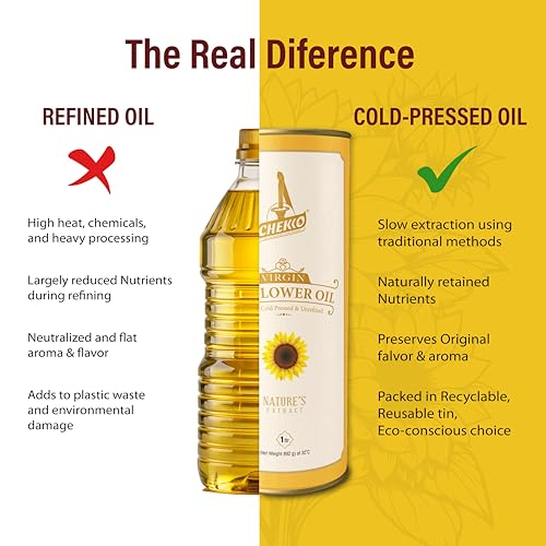 Image of Chekko Cold Pressed Sunflower Oil 1 Litre | Wood Pressed Sunflower Oil | Pure Unrefined Edible Cooking Oil | Rich in Vitamin E & Natural Oil for Cooking, Frying, Deep Fry, Sauteing & Daily Indian Cooking