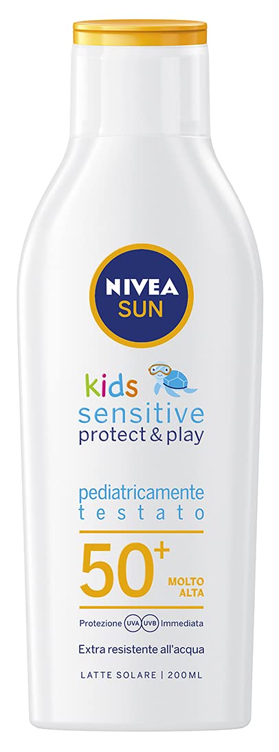 NIVEA Sun - Crema solar para niños sensibles de protección y reproducción FP 50+ 200 ml, crema solar para niños y bebés a partir de 6 meses, protector solar 50+ resistente al agua