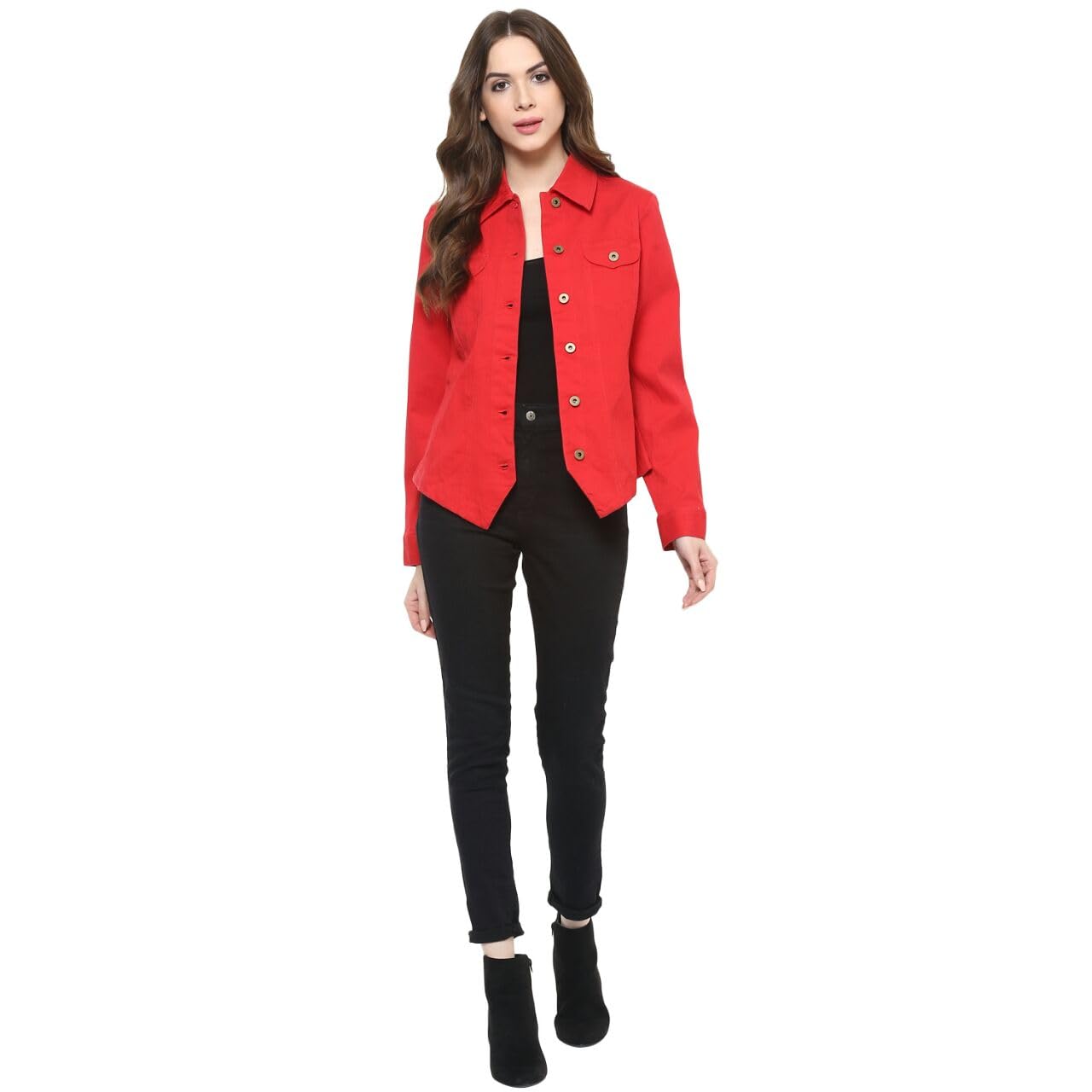 Women's Red Button-Up Jacket, Full Sleeve, Collared Casual Outerwear-picture-44