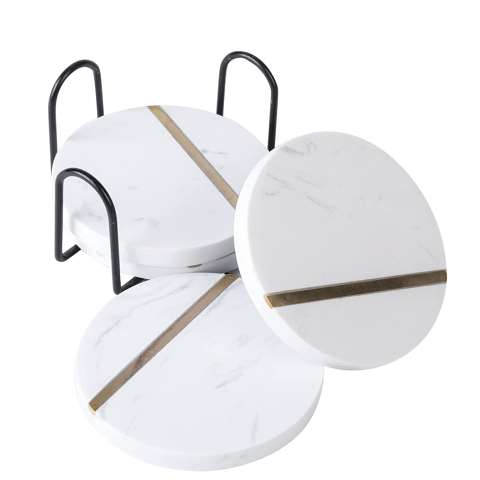 Round Marble Brass Insert Coasters Handcrafted White Marble Coasters with Brass Lining on Front for Your Drinks Beverages & Wine/Bar Glasses (Set of 4)
