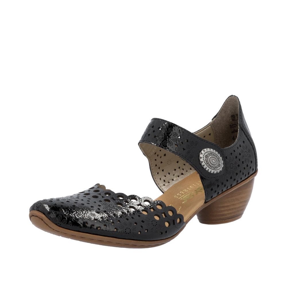 Rieker 43753 Mirjam Women's Mary Jane Heels - Low-Heel Leather Shoes with Adjustable Ankle Strap & Laser-Cut Design - Comfortable Women’s Heels for Casual & Dressy Wear