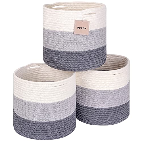 Image of voten Storage Cubes Baskets Bins Organizer 11x11x11'' Fit 12x12''Cube Storage Organizer Bookcases Shelves,Durable Woven Cotton Storage Basket for Organizing,Round 3Pack 3-Tone Gray