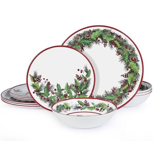 12-Piece Christmas Melamine Dinnerware Set Holiday Dishes SetWhite & Green