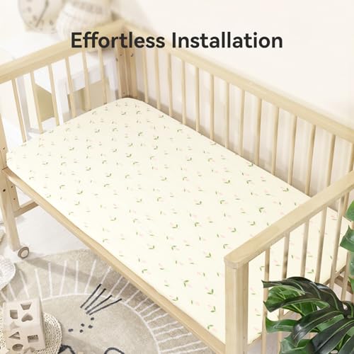 Synrroe Fitted Muslin Crib Sheets, Stretchy Crib Bed Sheets for Babies Girls 28\" by 52\", Super Soft and Comfortable 100% Cotton Bed Sheets Double Layers (Rose-Rainbow)