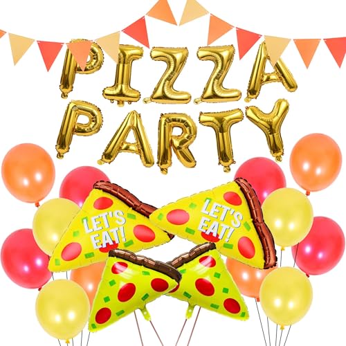 Balões de pizza para festas, o conjunto de balões de pizza inclui balões de papel de alumínio de pizza, balões de letras dourados, balões de látex, bandeirinhas triangulares para festa de pizza, festa