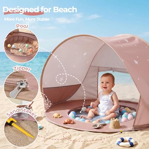 Image of Monobeach Baby Beach Tent with Pool: Brown Stars Pop Up Sun Shade Tent for Toddler, UV Protection Portable Outdoor Shelter, Foldable Camping Canopy for Beach, Backyard & Travel