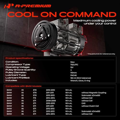 A-Premium Air Conditioner AC Compressor - Compatible with BMW X5 (xDrive50i) 4.4L V8 2011-2013, X6 4.4L V8 2008-2014 - with 7SEU17C Style Compressor, with 4-Groove Pulley Clutch, without Coil by A-Premium - Image 2
