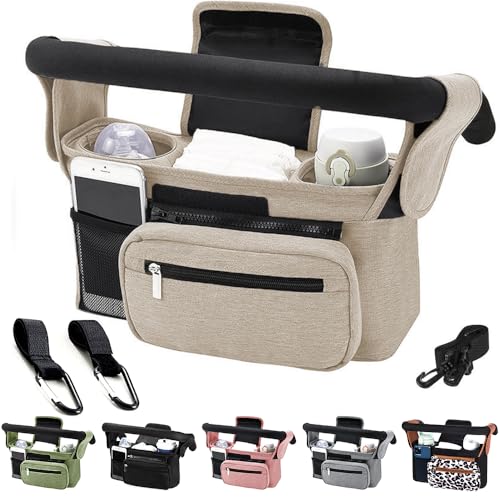 Tyuodna Baby Pram Bag Stroller,Universal Stroller Bag with 2 Insulated Cup Holder,Large Capacity Bag Organiser with Shoulder Strap&Non-Slip Secure Hooks (Beige)