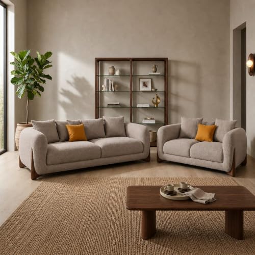 Image of Modern Sofa, Teddy Fabric, Chesterfield Style, Wooden Legs, for Living Room, Bedroom, Hallways (3+2 Seater, Taupe)