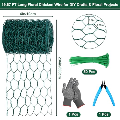 Image of Floral Chicken Mesh for Craft, 4 x 236 Inch Galvanized Hexagonal Netting Roll, Lightweight Garden Poultry Fence for Coop & Rabbit, Metal Mesh Kit with Gloves, Ties and Plier