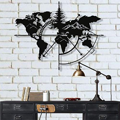 Metal World Map Wall Art World Map Mountains 3D Wall Silhouette Metal Wall Decor Home Office Bedroom Living Room Decoration (Black, 40" W x 30" H / 101x76cm)