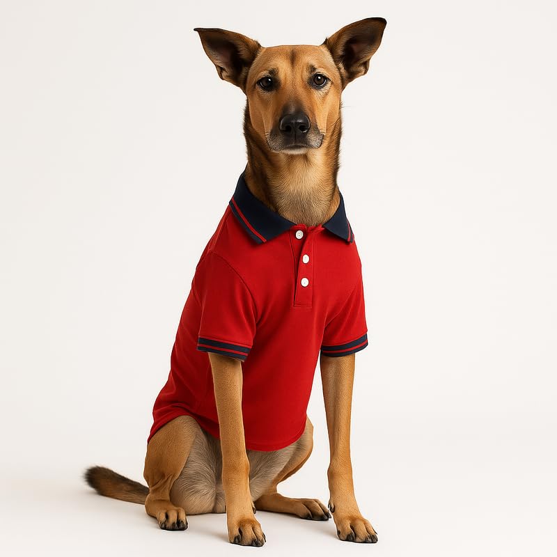 Image of Thunder Tails Premium Cotton Polo Dog T-Shirt | for Large Dogs | Red-Navy | 4XL | for Lean Labrador, Golden Retriever, German Shepherd, Rottweiler, Husky & Chow Chow
