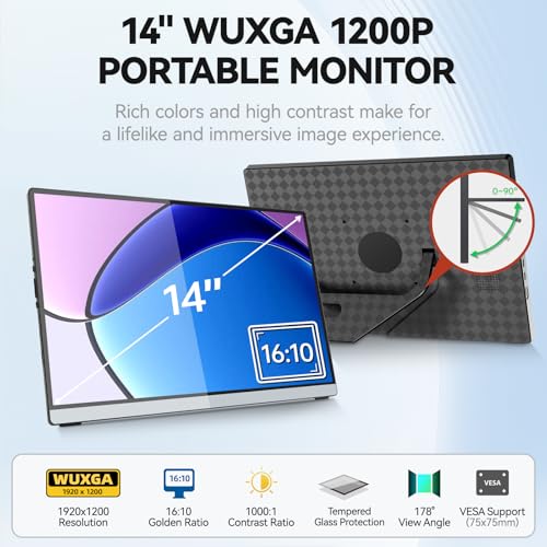 Image of Intehill 14 inch Portable Monitor, 1200P Self-Standing Portable Screen with Full Laminated Tempered Glass, 16:10 USB-C HDMI External Display with Speakers, Travel Monitor Second Screen for Laptop, F14ZA | Full Laminated Tempered Glass, 16:10 USB-C HDMI External Display w /Speakers, Travel Laptop Monitor Second Screen, F14ZA