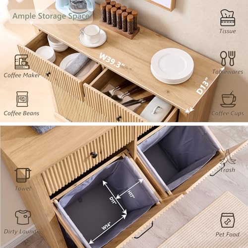 Image of IFBUY Double Tilt Out Laundry Hamper Cabinet, Modern Trash Cabinet, Natural
