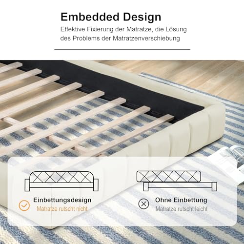 DULRLLY Bubble Bett Polsterbett 140x200 cm,Doppelbett mit Lattenrost, Jugendbett mit Gepolstertes Kopfteil, Gepolstertes Bett für Schlafzimmer und Gästezimmer,ohne Matratze, Leinenstoff (Beige) – Bild 8