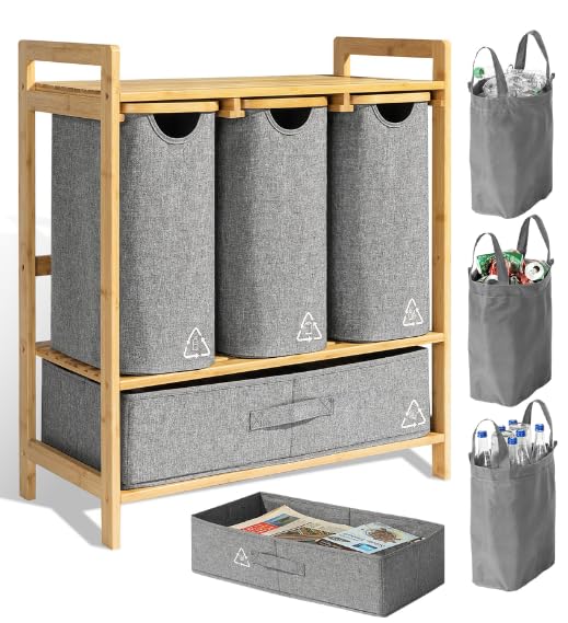 Terratur 4 Section Recycling Bin for Kitchen – Trash and Recycle Bin Combo for Paper, Plastic, Cans – Indoor Recycling Station – Large Kitchen Trash