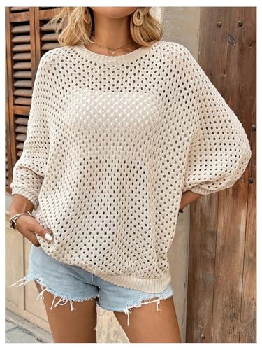 GORGLITTER Women's 3/4 Length Sleeve Crochet Tops Summer Hollow Out Pullover Knit Sweater3