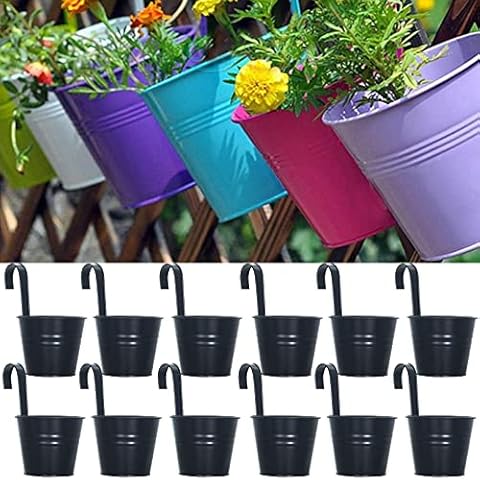 LOVOUS 5.1" x 3.5" x 4.1" Iron Hanging Planters Multicolor Flower Pots Balcony Garden Railing Planter, Fence Hanging Metal Bucket Plants Holders Set for Indoor and Outdoor, 12PCS, Black Cover