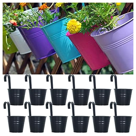LOVOUS 6.3" x 4.7" x 5.3" Large Iron Hanging Planters Multicolor Flower Pots Balcony Garden Railing Planter, Fence Hanging Metal Bucket Plants Holders Set for Indoor and Outdoor, 12PCS, Black