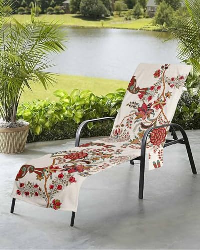 Bohemia Easter Bunny Beach Chair Towel Covers for Chaise Lounge with Side Pocket, Soft Plush Pool Towels Cover for Patio Sunbathing Outdoor 29''x85'' Retro Boho Floral Botanical Leaves