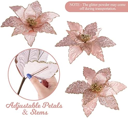ABSOFINE 8 Pieces Christmas Glitter Poinsettia Flowers Rose Gold Wedding Faux Flowers Christmas Decoration Ornaments For Christmas tree New Year Home Outdoor Decoration