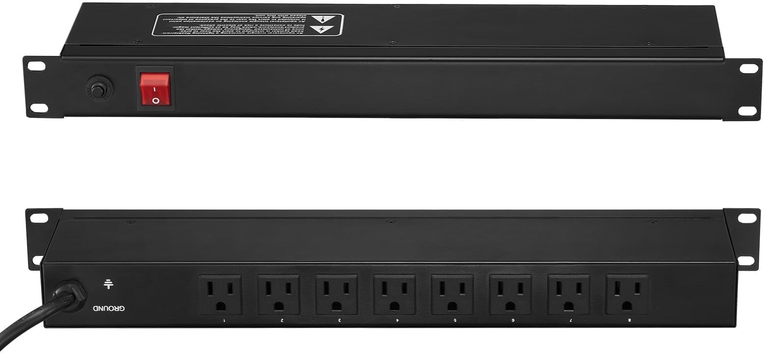 VEVOR 8 Outlet Horizontal 1U Rack Mount PDU Power Strip for Network Server Racks, Surge Protection & Overload Protection, 110-125V/15A, with 6ft 14AWG Power Cord
