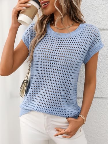 Image of Womens Crochet Tops Cap Sleeve Summer Sweater Crew Neck Beach Cover Ups Lightweight Knit Pullover