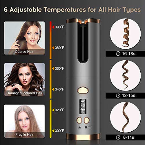 Cordless Hair Curler Automatic Curling Iron - Ceramic Rotating Hair Curler with 6 Temperatures and Timer Settings, Rechargeable Portable Hair Curling Iron Wand for Curls or Waves Anytime, Anywhere
