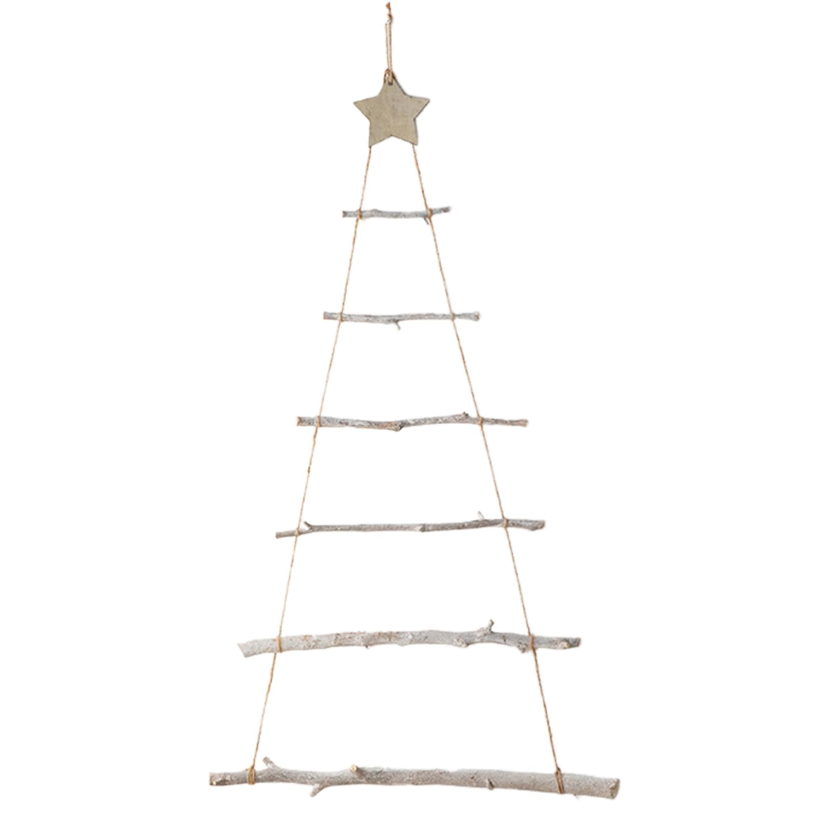 Wall Christmas Tree, 32x22 Inch Wooden Hanging Christmas Tree with Twig Ladder and Star, Wall Decor for Xmas Ornament Display