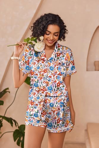 Image of Ekouaer Womens Silk Pajama Sets Button Up Satin Pjs Short Sleeve 2 Piece Pj Sets Cute Lounge Sets with Chest Pocket