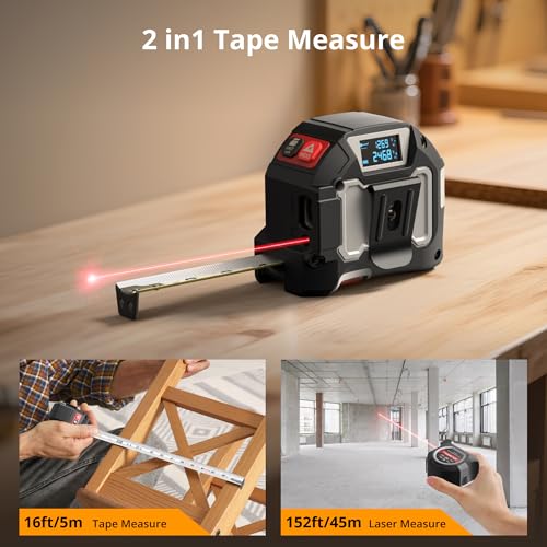 2-in-1 Laser Tape Measure, 152Ft Rechargeable Laser Measurement Tool & 16Ft Self-Locking Tape, Movable Magnetic Hook, Supports Ft/in/M, Area, Volume, Pythagoras for Construction, DIY, Woodworking - Image 3