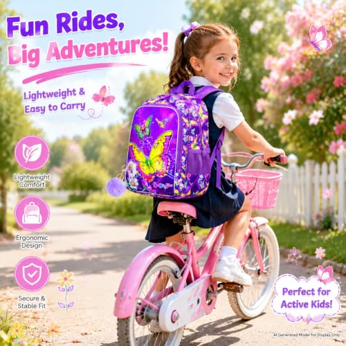 Image of 3Pcs Butterfly Backpack for Girls, 16 inch Kids Bookbag with Lunch Box，School Backpacks for Elementary Preschool Kindergarten (Purple)