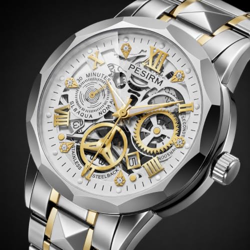 Image of Men's skeletonized quartz watch with black and gold two-tone stainless steel case, analog display, date display, water-resistant, luminous display, men's waterproof quartz watch. (Silver dial, silver strap)