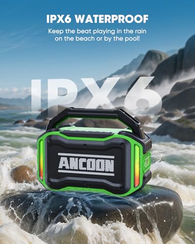 Image of ANCOON Speakers Bluetooth Wireless: 80W(Peak) Loud Speaker with Bass, 20H Playtime, IPX6 Waterproof, Large Jobsite Speakers for Work, Outdoor, Workshop, Garage, Portable Speaker with TWS (Green)