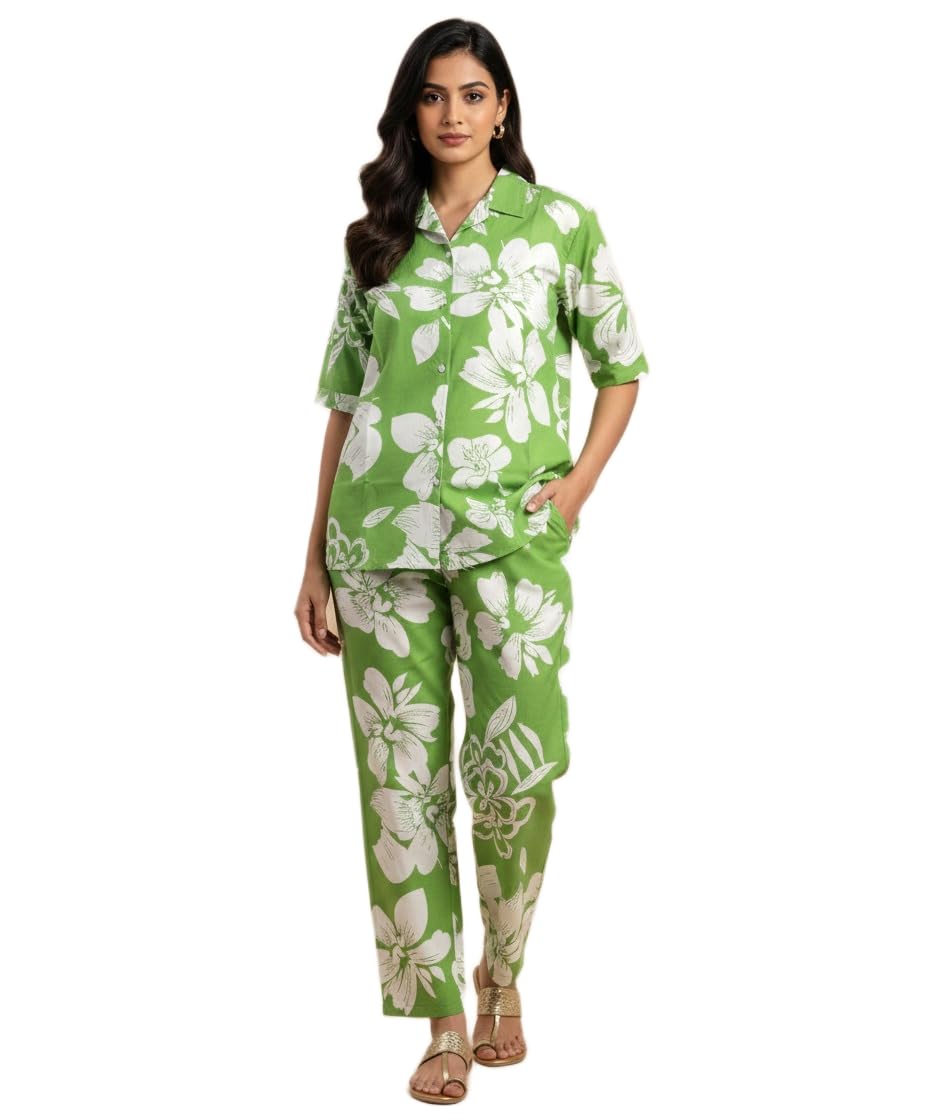 Women's Cotton Blend Printed Collar Neck Co-ord Set | Daily & Casual Wear (Green, Size-L)