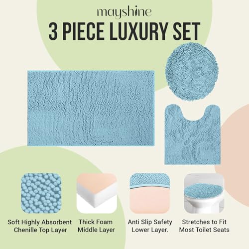 Image of Standard 3pc Set Chenille Bath Mats, Includes 21 inchx24 inch U-Shaped Contour Toilet Rug, 21 inchx34 inch Inches Bathmat and 1 Toilet Lid Cover, Plush Absorbent Bath Mats Quick Dry, Spa Blue
