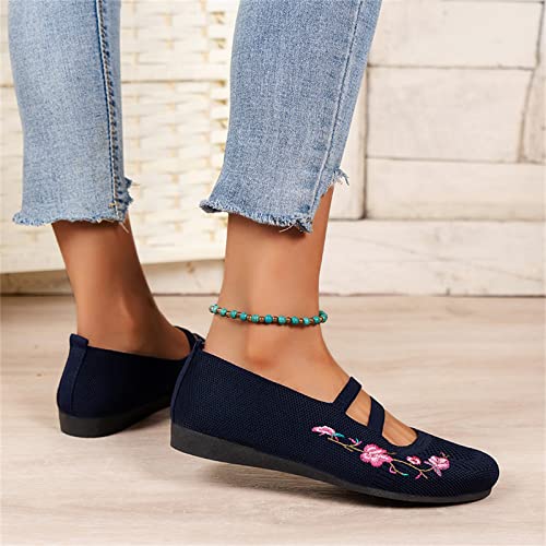 Women's Ballet Flat Shoes Square Toe Knit Slip On Ballerina Walking Flats Dress Shoes for Women Fashion Solid Color Breathable Knitting Flower Embroidery Comfort Casual Dance Shoe2