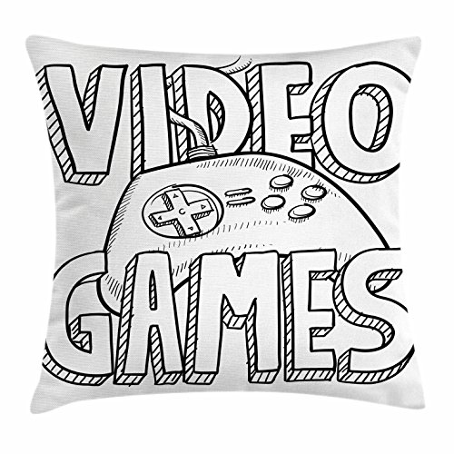 Lunarable Cartoon Throw Pillow Cushion Cover, Doodle Style Video Games Typography Design a Controller Sketch Art, Decorative Square Accent Pillow Case, 36