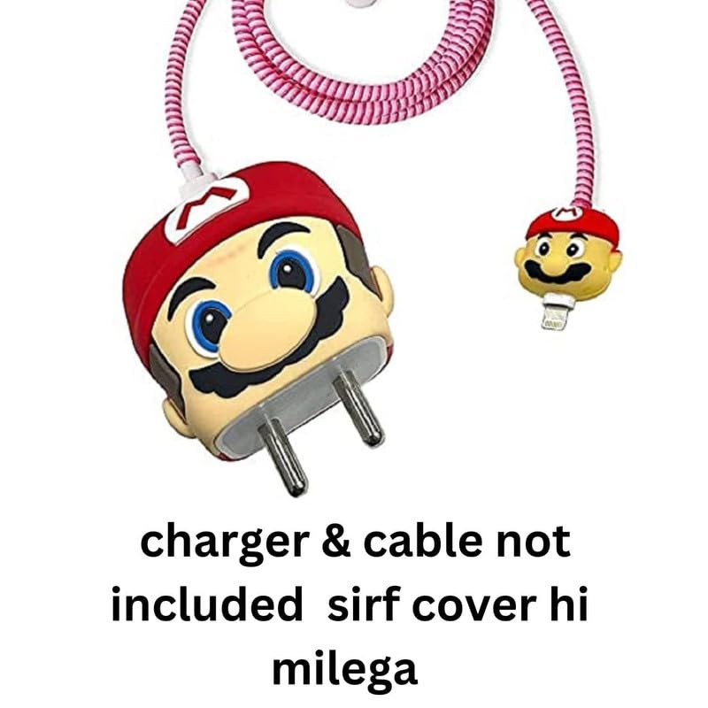 Image of DIVERTS Charger Case Cover 360 Degree Full Protection Cover Funny Cartoon Character Compatible for iPhone 18-20W Silicone Protective Charger Cover Cable Protector (Mario Red Design)
