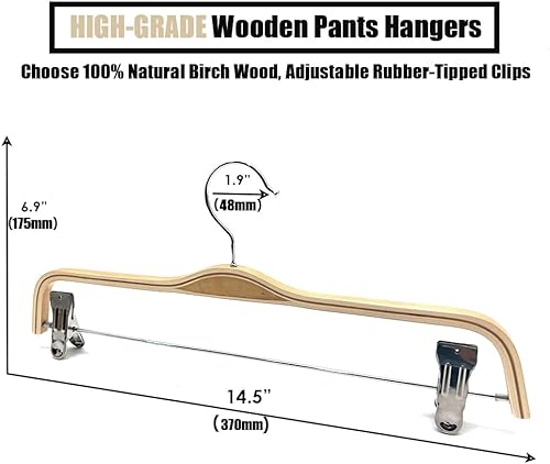 Miniatura 2 de Paquete de 30 perchas de madera natural de 14.5 pulgadas para pantalones, exhibición de ropa, faldas de madera, ganchos inferiores de metal