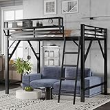 KEIKI Full Size Metal Loft Bed Frame with Ladder and Built-in Storage Shelves, for Teens, Modern Style Loft Bed with Solid Slats, Guardrail, No Box Spring Required, Easy Assembly, for Bedroom, Black